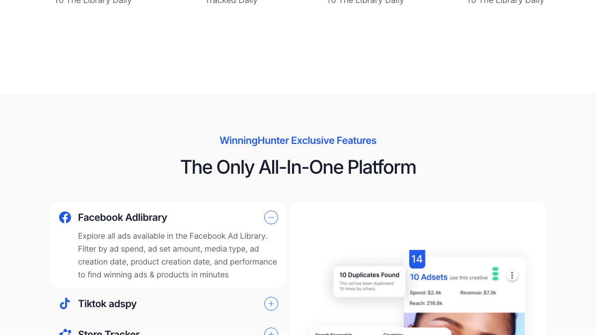 Winning Hunter official feature section showing Facebook Adlibrary, TikTok adspy, Store Tracker, Product Importing, Pinterest Adspy, Facebook Post Adspy, and Store Explorer