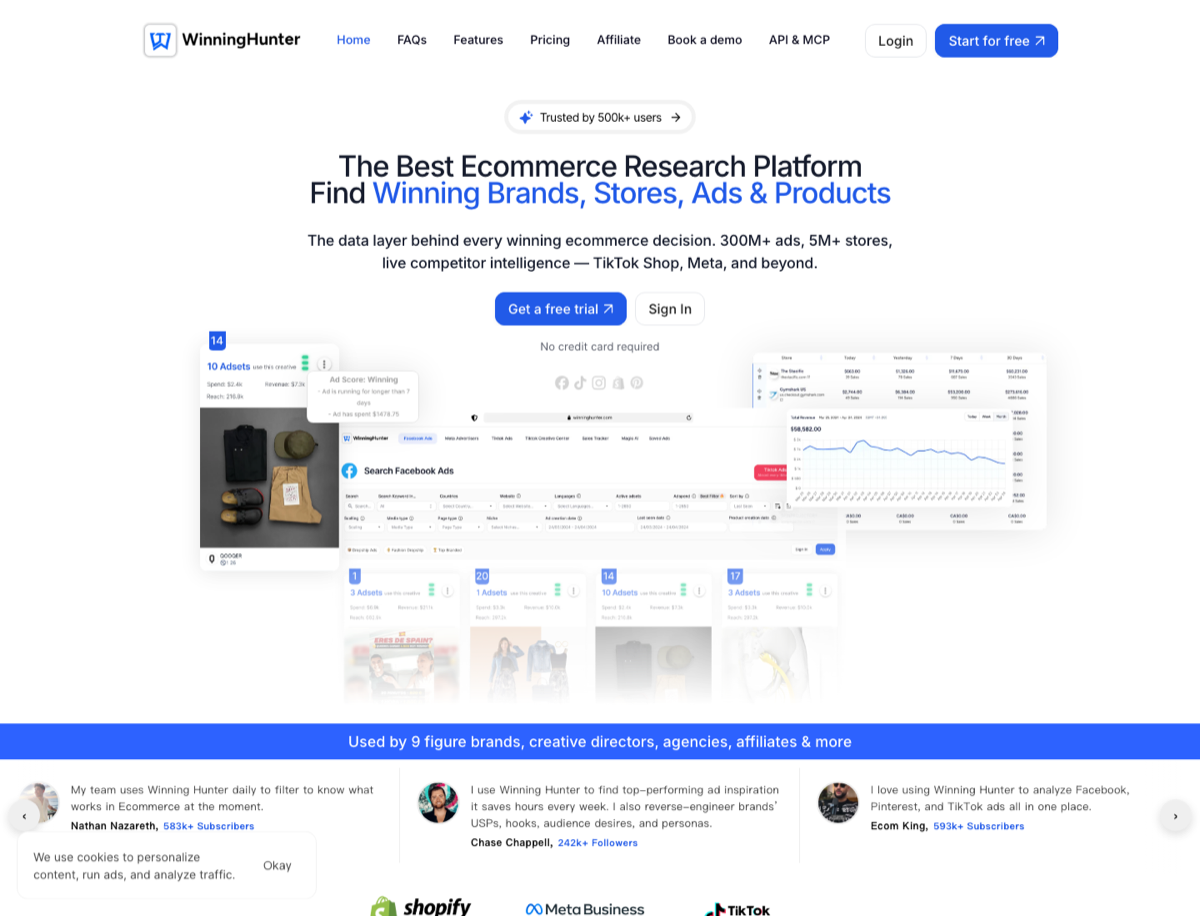 Winning Hunter official homepage showing ecommerce research, ad, store, and product data