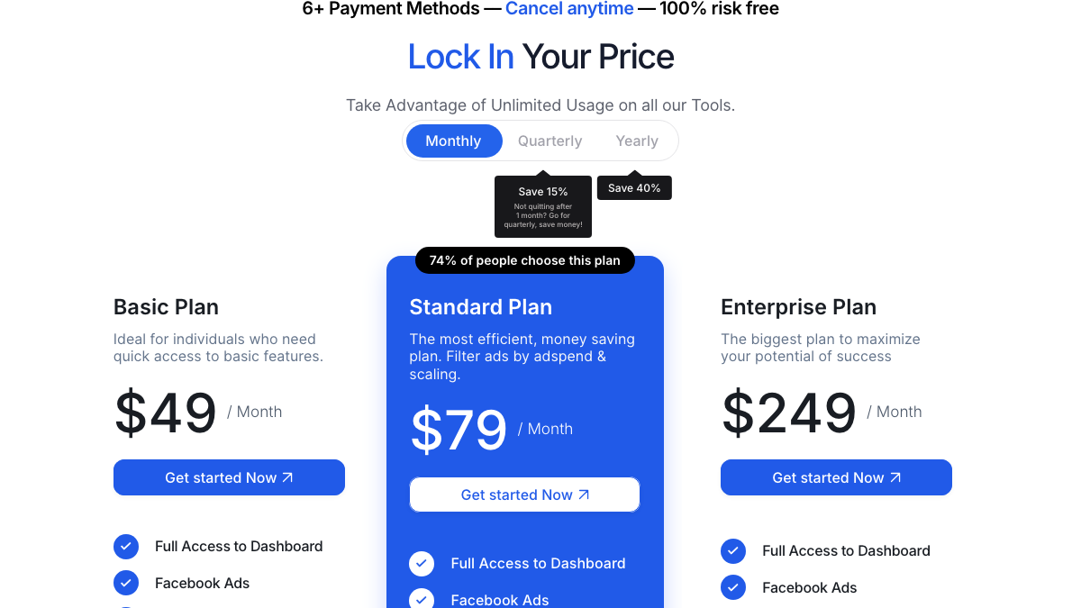 Winning Hunter official pricing section showing Basic, Standard, and Enterprise monthly plan cards