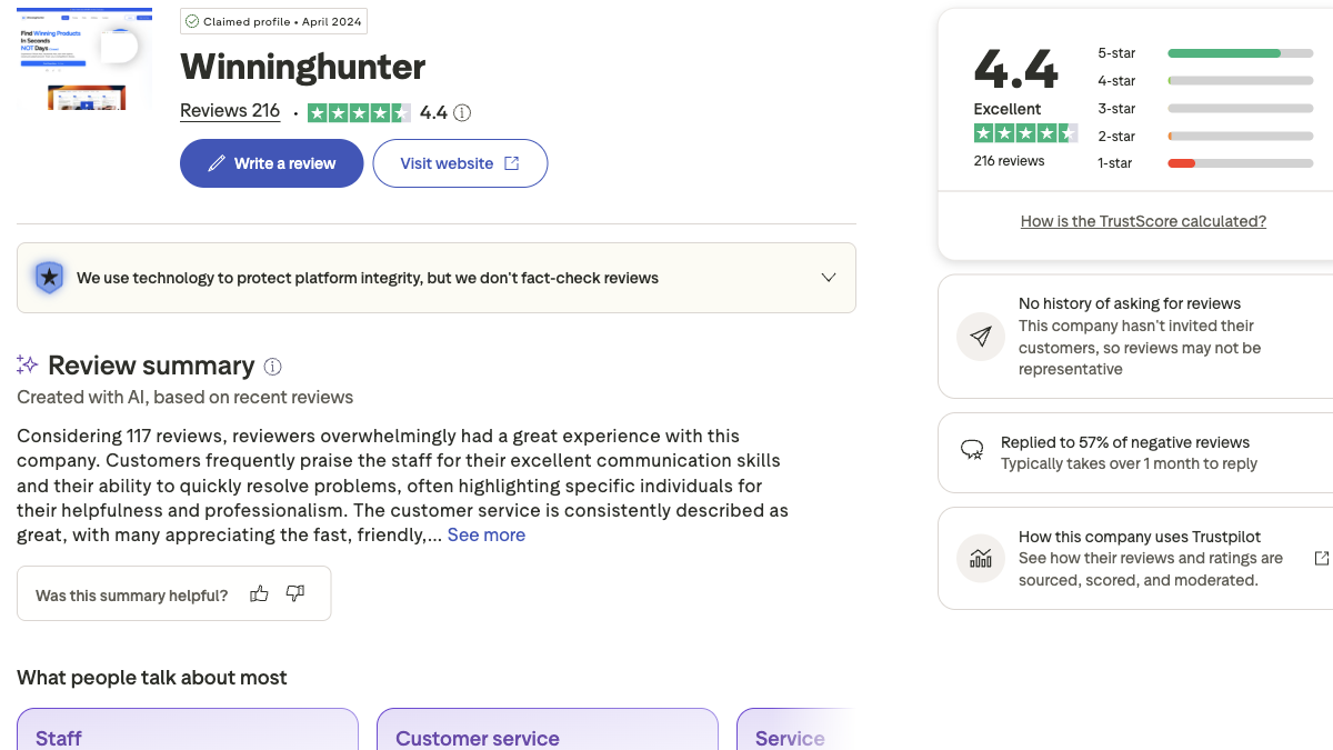 Trustpilot screenshot for Winninghunter showing a 4.4 rating from 216 reviews and a review summary