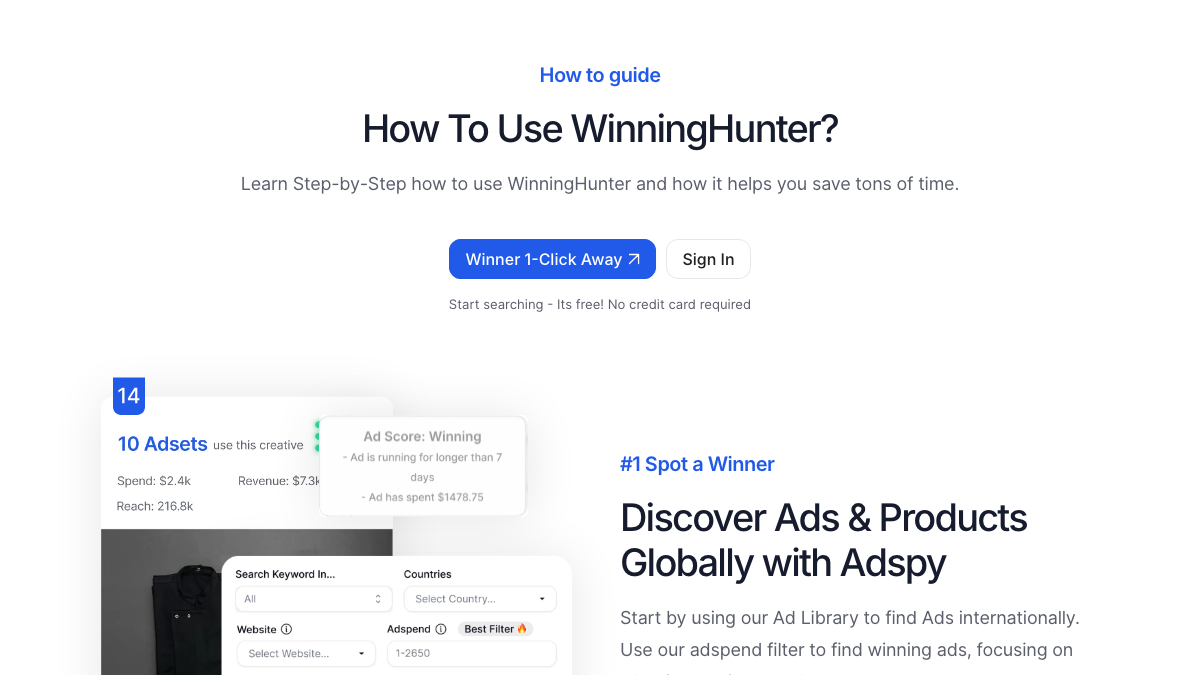 Winning Hunter official workflow section showing how to discover ads and products globally with adspy